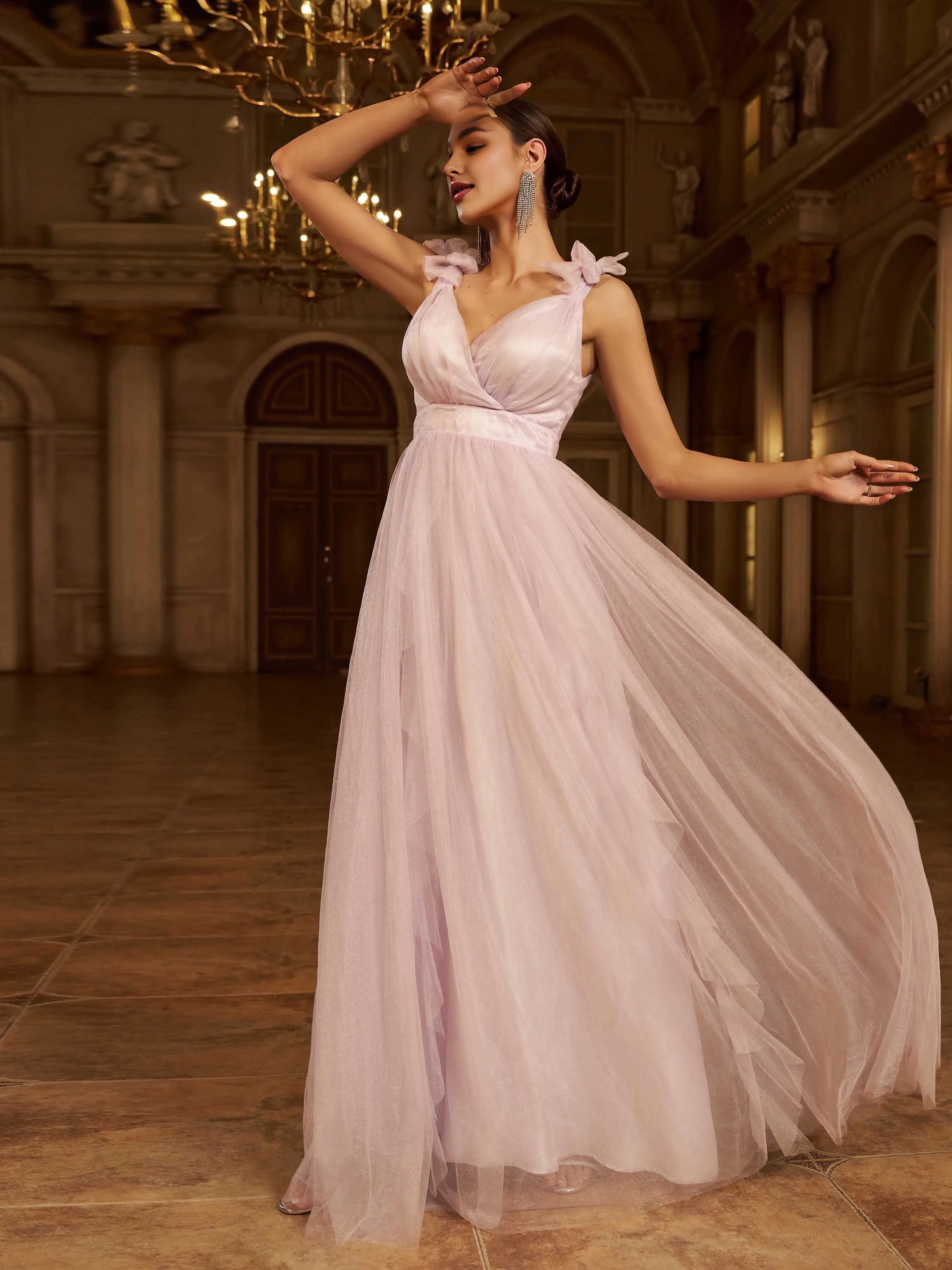 Elegant A-Line V-Neck Sleeveless Zipper Up Floor-Length Prom Dress